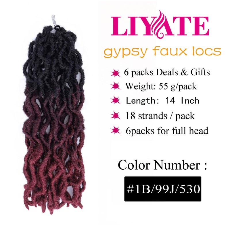 Liyate 14 Inch Goddess Faux locs Crochet Hair 6 Packs/Lot Soft Gypsy Locs Wavy Crochet Braids Dreadlocks 3 Tone Curly Wavy Twist Braiding Hair Extensions African Roots Braidï¼ˆ#1B/99j/530) - Image 2